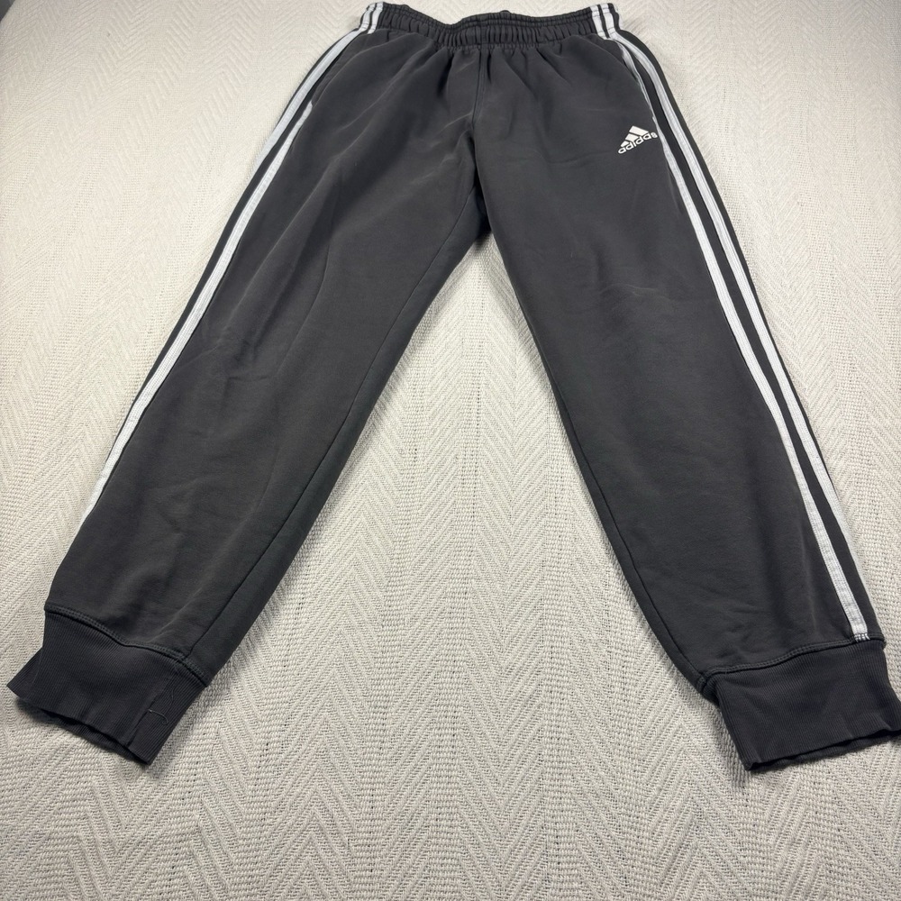 Adidas Boys Track Pants Size M (10/12) Dark Gray 3 Stripe Cuffed Jogger